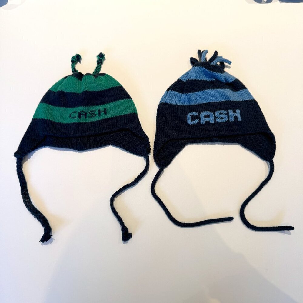 Set of 2 Navy Blue, Light Blue & Green Striped Cotton Knit Baby Kids Earflap Hat